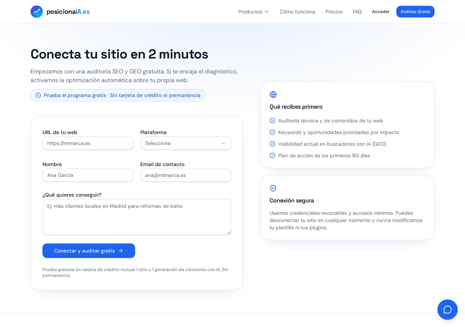 Formulario de conexión de PosicionaIA con URL de la web, plataforma, nombre, email y objetivo