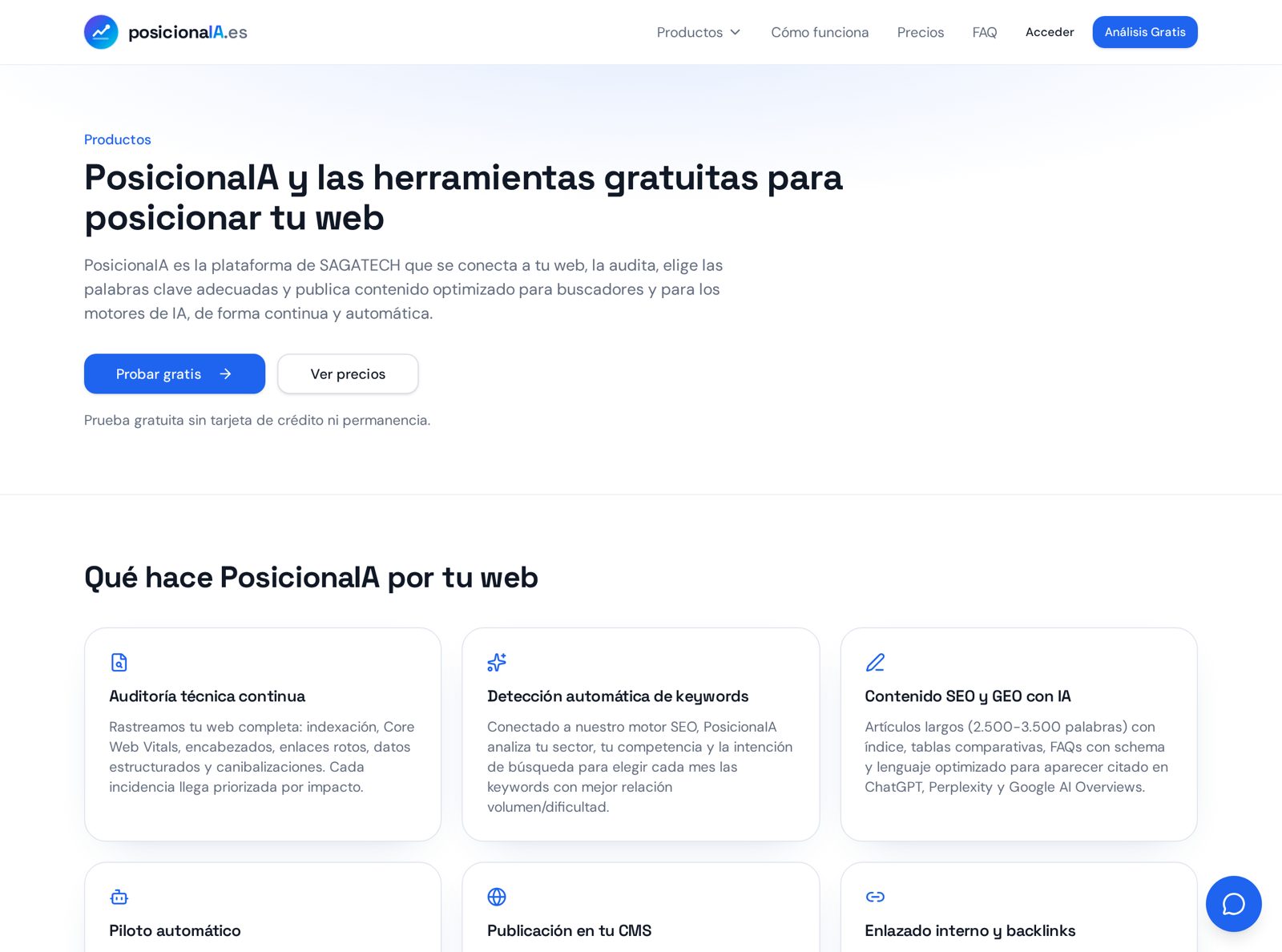 Página de productos de PosicionaIA con las funciones de auditoría, keywords, contenido con IA y publicación en el CMS